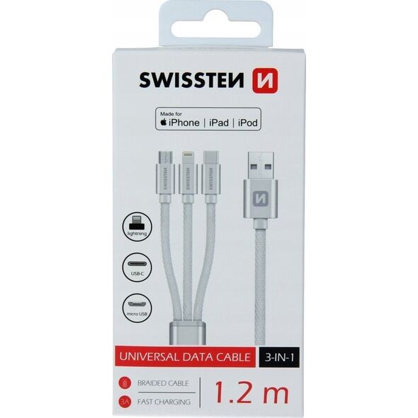 Kabel USB Swissten USB-A - USB-C + micro-B + Lightning 1.2 m Srebrny (SV0153259010)