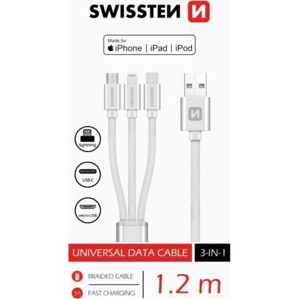 Kabel USB Swissten USB-A - USB-C + micro-B + Lightning 1.2 m Srebrny (SV0153259010)