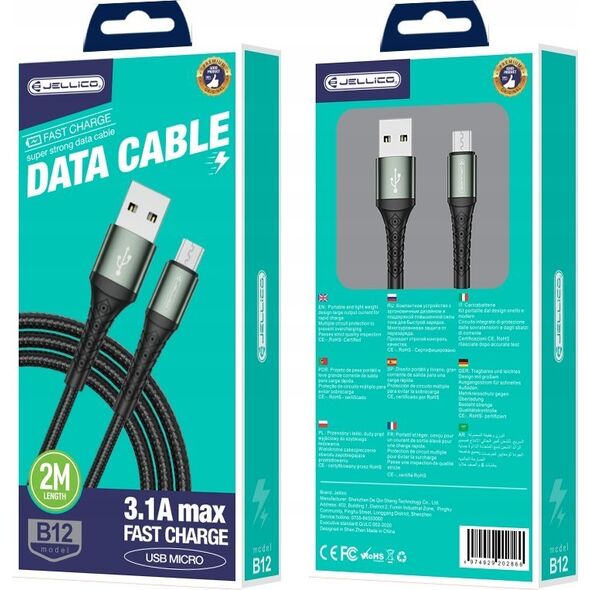 Kabel USB Jellico JELLICO kabel B12 Micro USB 3.1A 2M Czarny