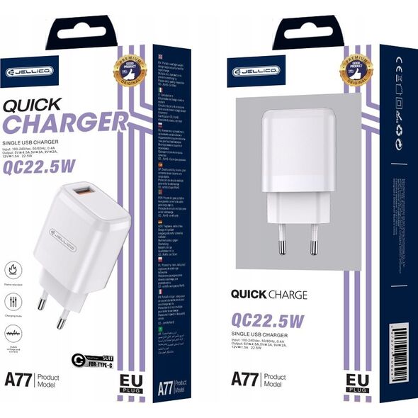 Ładowarka Jellico JELLICO ładowarka sieciowa A77 22,5W 1xUSB QC3.0 + kabel USB-C Biały
