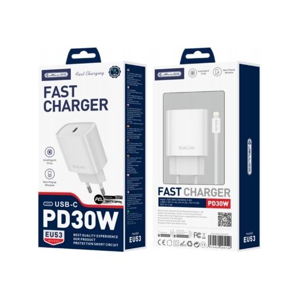 Ładowarka Jellico JELLICO ładowarka sieciowa EU53 PD 30W 1xUSB-C + kabel USB-C - Lightning Biały