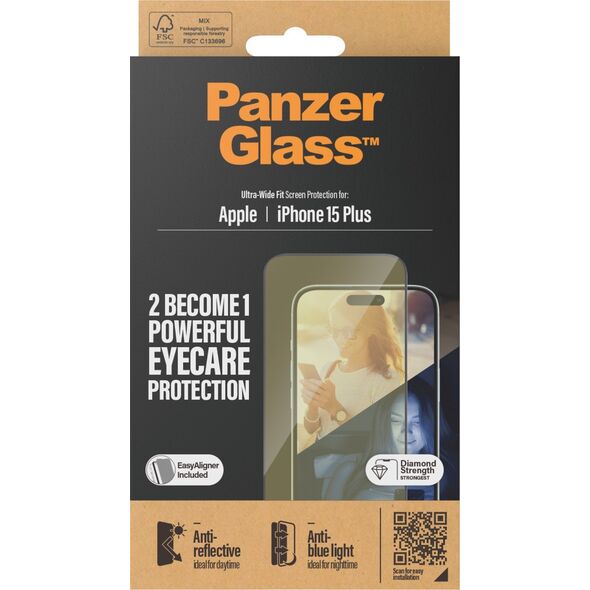 PanzerGlass PanzerGlass Ultra-Wide Fit iPhone 15 Plus 6.7" 2in1 Screen Protection Anti-reflective+Anti-Blue Easy Aligner Included 2815