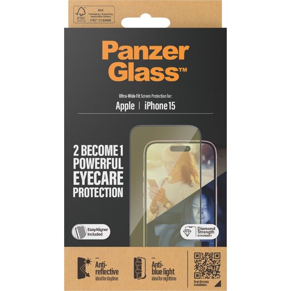 PanzerGlass PanzerGlass Ultra-Wide Fit iPhone 15 6.1" 2in1 Screen Protection Anti-reflective+Anti-Blue Easy Aligner Included 2813