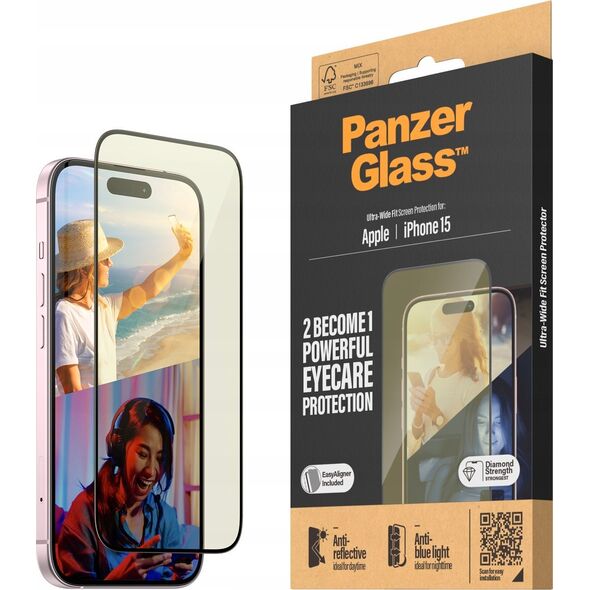 PanzerGlass PanzerGlass Ultra-Wide Fit iPhone 15 6.1" 2in1 Screen Protection Anti-reflective+Anti-Blue Easy Aligner Included 2813