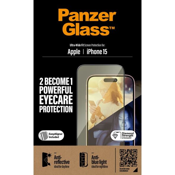 PanzerGlass PanzerGlass Ultra-Wide Fit iPhone 15 6.1" 2in1 Screen Protection Anti-reflective+Anti-Blue Easy Aligner Included 2813
