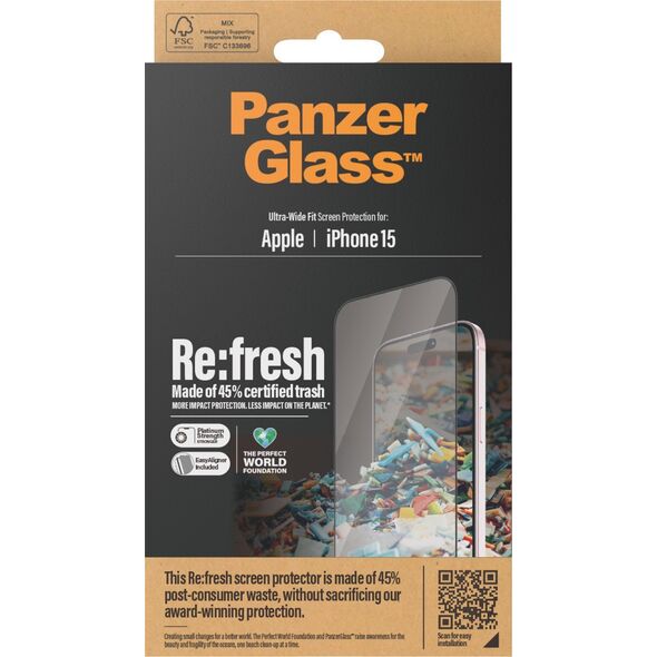 PanzerGlass PanzerGlass Re:fresh Glass iPhone 15 6.1" Ultra-Wide-Fit Screen Protection Easy Aligner 2821