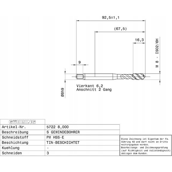 Ghring Machine tap GUHRING HSS-E-PM TiN M8 x 1.25