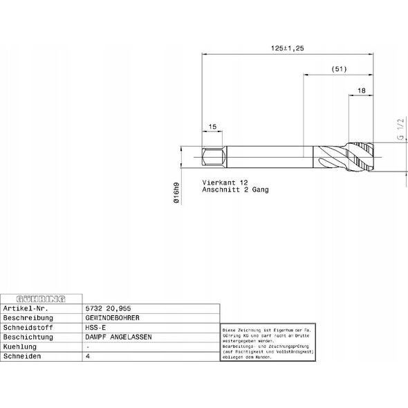 Ghring Machine tap for blind holes GUHRING HSS-E 5732 G1/2 - 14 turns
