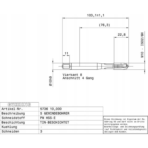 Ghring Machine tap HSS-E-PM TiN GUHRING M10 x 1.5