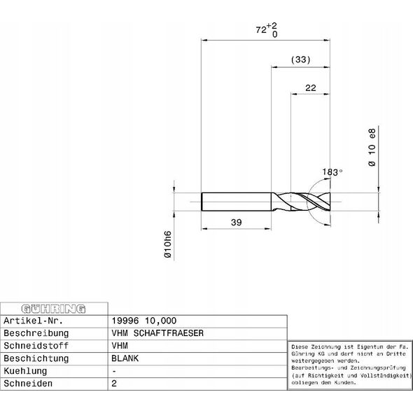 Ghring Carbide milling cutter GUHRING ALU 19996 12.0 mm
