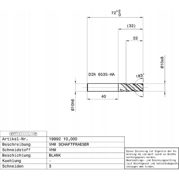 Ghring Carbide milling cutter GUHRING ALU 19992 12.0 mm