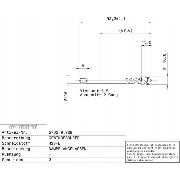 Ghring Machine tap for blind holes GUHRING HSS-E 5732 G1/8 - 28 threads