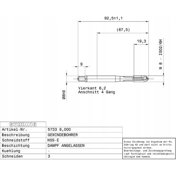 Ghring HSS-E machine tap for through holes GUHRING M8 x 1.25