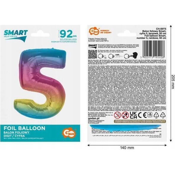 GoDan Balon foliowy cyfra 5 tęczowa Smart 92cm