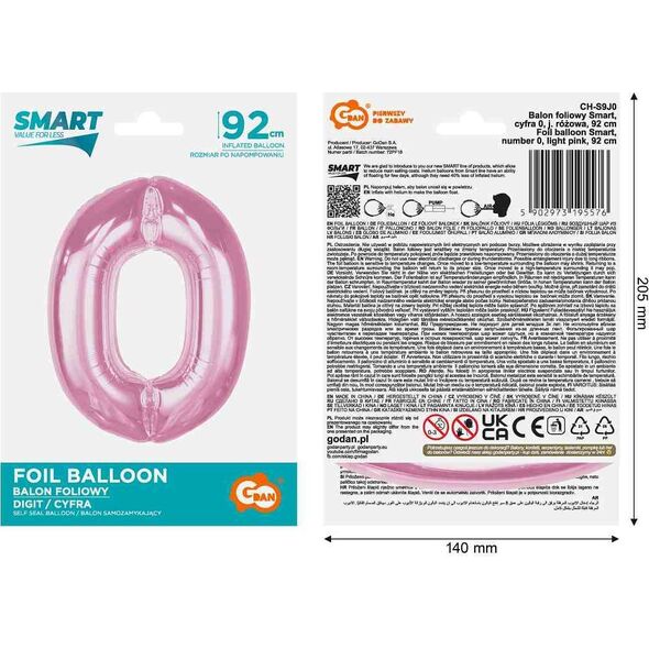 GoDan Balon foliowy cyfra 0 jasnoróżowa Smart 92cm