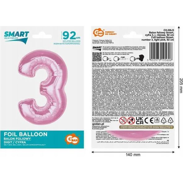 GoDan Balon foliowy cyfra 3 jasnoróżowa Smart 92cm