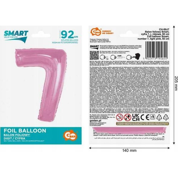 GoDan Balon foliowy cyfra 7 jasnoróżowa Smart 92cm