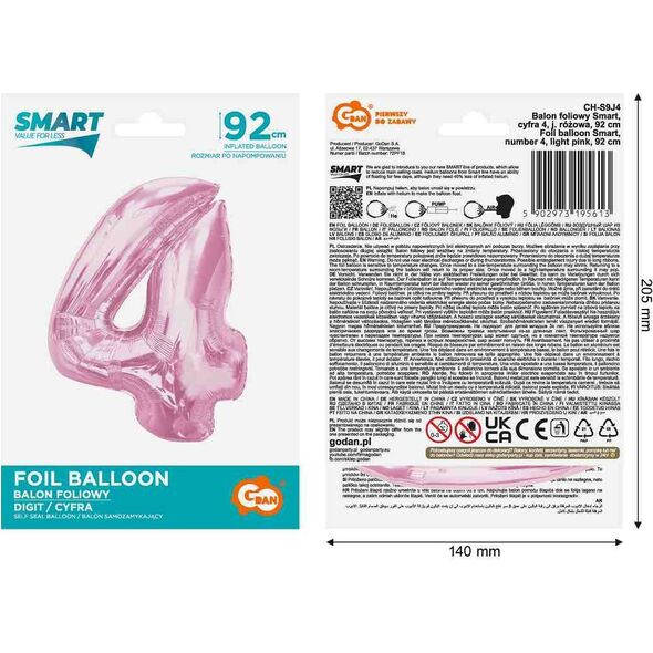 GoDan Balon foliowy cyfra 4 jasnoróżowa Smart 92cm