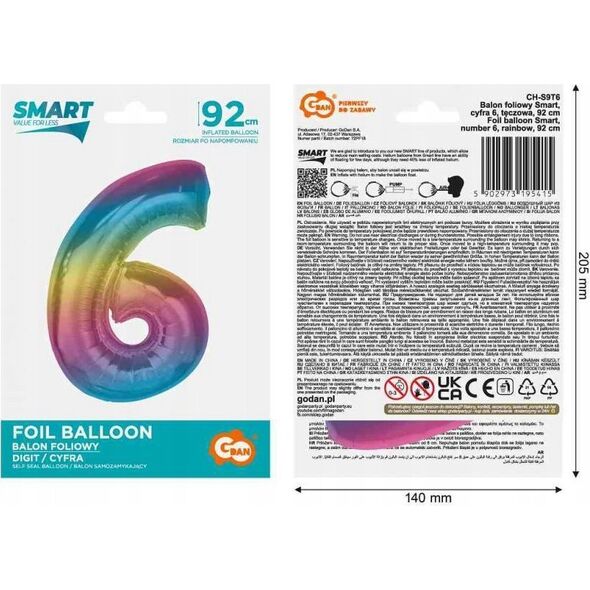 GoDan Balon foliowy cyfra 6 tęczowa Smart 92cm