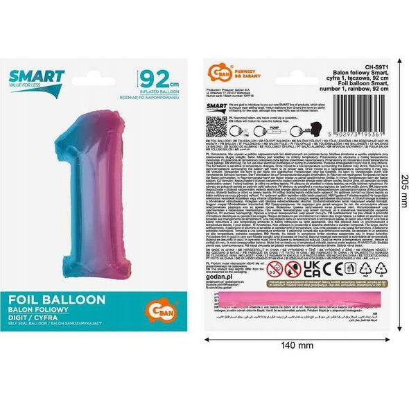 GoDan Balon foliowy cyfra 1 tęczowa Smart 92cm