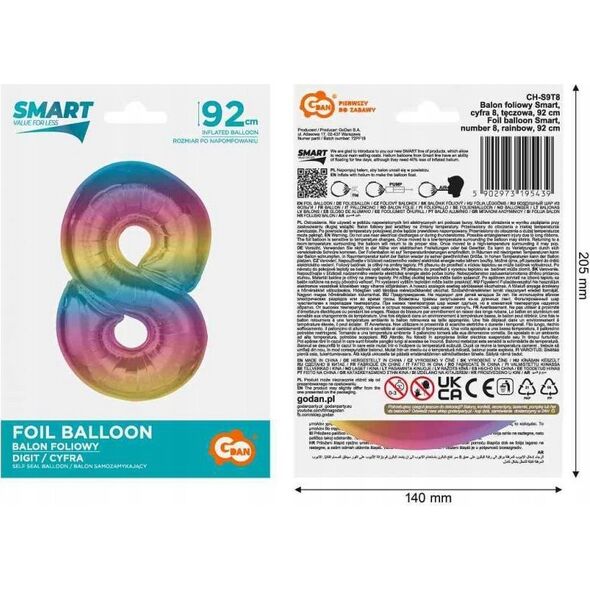 GoDan Balon foliowy cyfra 8 tęczowa Smart 92cm