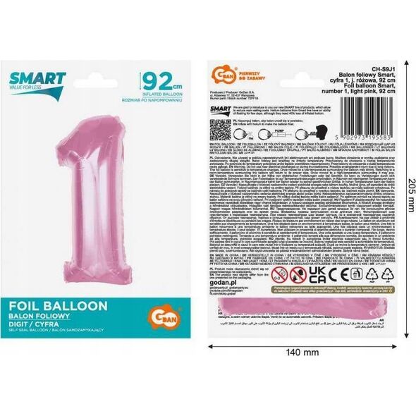 GoDan Balon foliowy cyfra 1 jasnoróżowa Smart 92cm