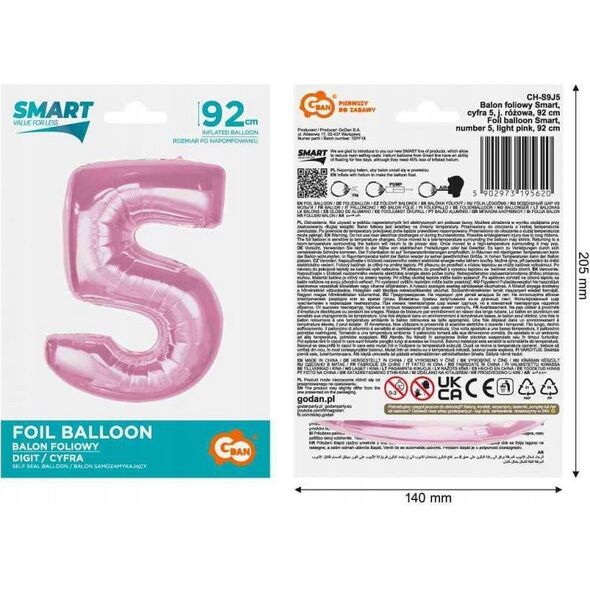 GoDan Balon foliowy cyfra 5 jasnoróżowa Smart 92cm