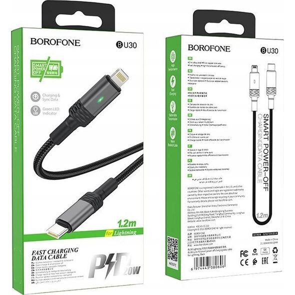 Kabel USB Borofone Borofone Kabel BU30 Lynk Smart power-off - Typ C na Lightning - PD 20W 1,2 metra czarny