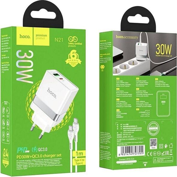 Ładowarka Hoco HOCO ładowarka sieciowa USB A + Typ C + kabel Typ C do Typ C PD QC3.0 3A 30W N21 biała