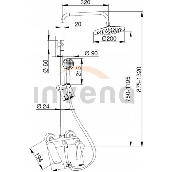 Zestaw prysznicowy Invena SHOWER COLUMN DOKOS W BATH MIXER BLACK