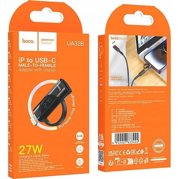 Προσαρμογέας USB Hoco Προσαρμογέας HOCO Lightning (αρσενικό) σε Τύπο C (θηλυκό) με οθόνη 2.4A 27W UA32B μαύρη 14395561 6942010000000