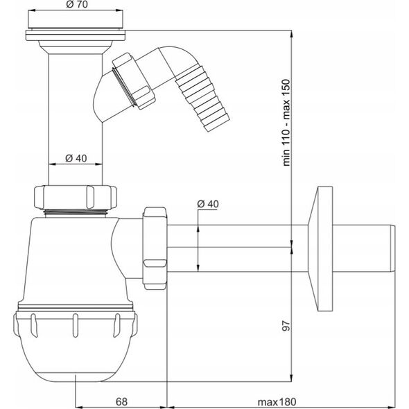 Syfon Tycner Syfon do zlewu fi50 mm butelkowy, metalowe sitko, wyjście: pralka/zmywarka 1-komora [5/30]