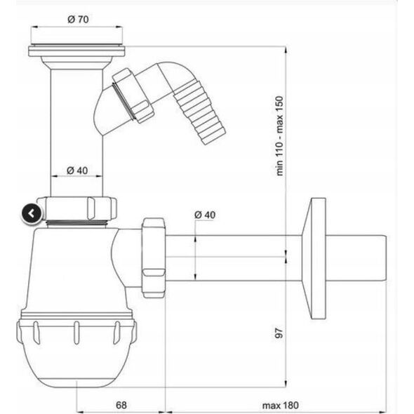 Syfon Tycner Syfon do zlewu fi50 mm butelkowy, metalowe sitko, wyjście: pralka/zmywarka 1-komora [5/30]