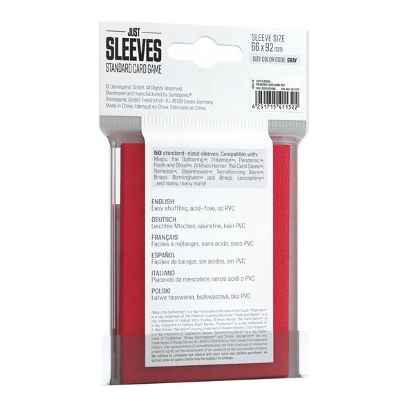 Gamegenic Gamegenic: Just Sleeves - Standard Card Game Sleeves (66x91 mm), Czerwone, 50 sztuk