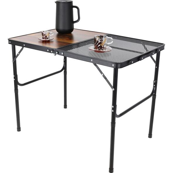 vidaXL STOLIK TURYSTYCZNY SKŁADANY KEMPINGOWY 90X60X36-68CM SIATKA STALOWA DREWNO