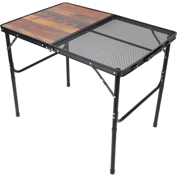 vidaXL STOLIK TURYSTYCZNY SKŁADANY KEMPINGOWY 90X60X36-68CM SIATKA STALOWA DREWNO