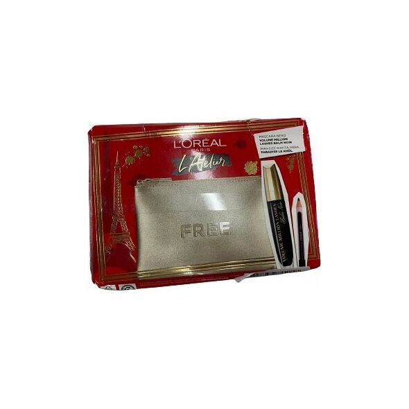 L OREAL Atelier Kit Set L'Oreal Paris: Volume Million Lashes, Volumizing & Lengthening, Mascara, Black, 8.9 ml + Paradise, Kajal Eye Pencil, 1.2 g + Makeup Bag, Gold For Women