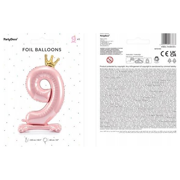 PartyDeco Stoj±cy balon foliowy 9 jasny róż 84cm