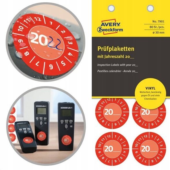 AVERY Rød inspektionsetiket Ø30 mm med årstal 20__ til selv at udfylde, Vinyl Rød - (10 ark x 8 stk.)