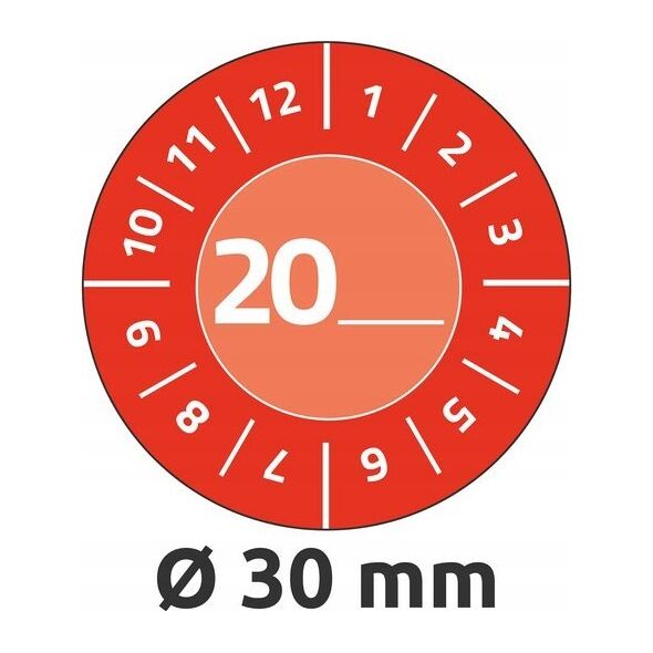 AVERY Rød inspektionsetiket Ø30 mm med årstal 20__ til selv at udfylde, Vinyl Rød - (10 ark x 8 stk.)