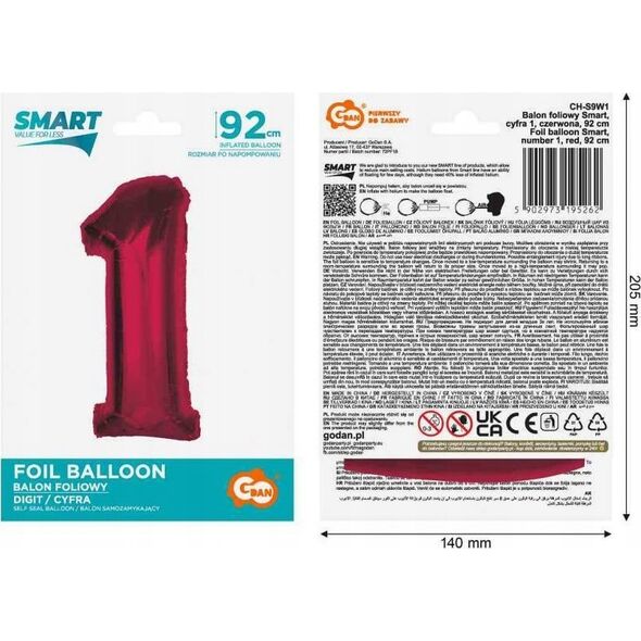 GoDan Balon foliowy cyfra 1 czerwona Smart 92cm