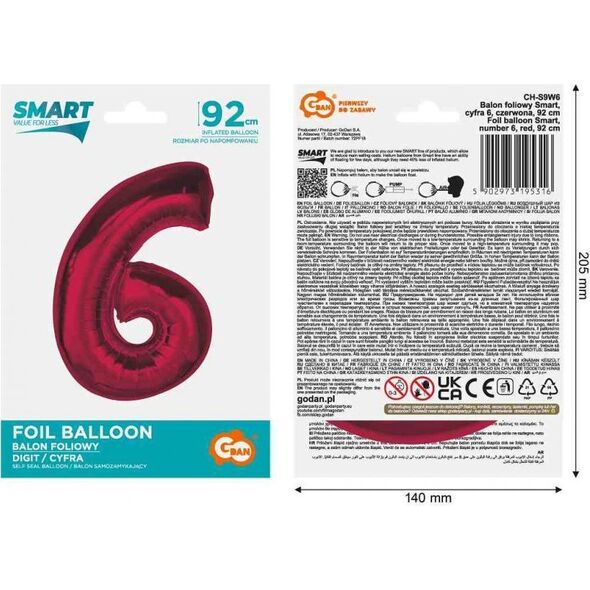 GoDan Balon foliowy cyfra 6 czerwona Smart 92cm