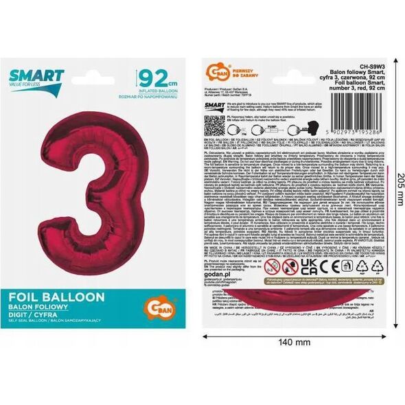 GoDan Balon foliowy cyfra 3 czerwona Smart 92cm