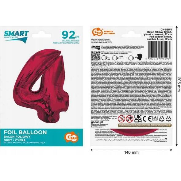 GoDan Balon foliowy cyfra 4 czerwona Smart 92cm