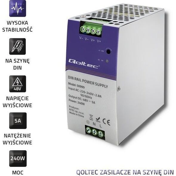 Qoltec Qoltec Przemysłowy zasilacz na szynę DIN | 240W | 48V | 5A
