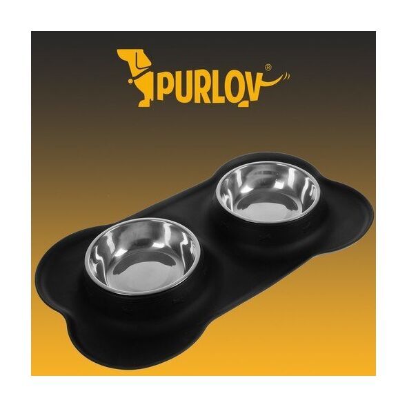 Purlov Podwójna miska dla kota, psa, zwierząt Poidełko podstawka + 2x miiska 450ml