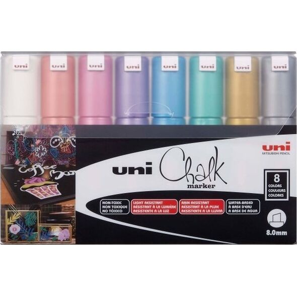 UNIBALL Uni-Ball PWE-8K, Green, Light Blue, Orange, Pink, Red, Violet, White, Yellow, Chisel, 8 pc(s)