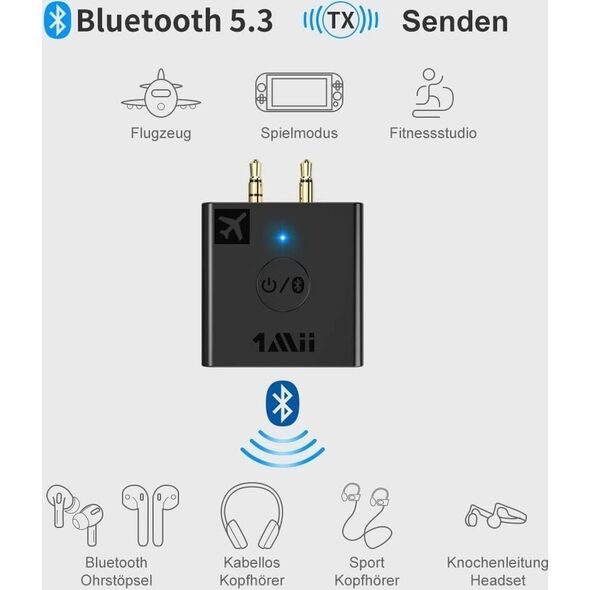 InLine InLine® Airplane Bluetooth Audio Transmitter, BT 5.0, aptX HD/LL, Flight Adapter with Charging Case
