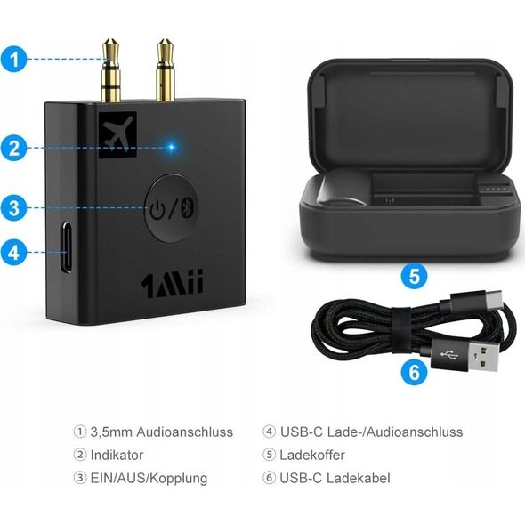 InLine InLine® Airplane Bluetooth Audio Transmitter, BT 5.0, aptX HD/LL, Flight Adapter with Charging Case
