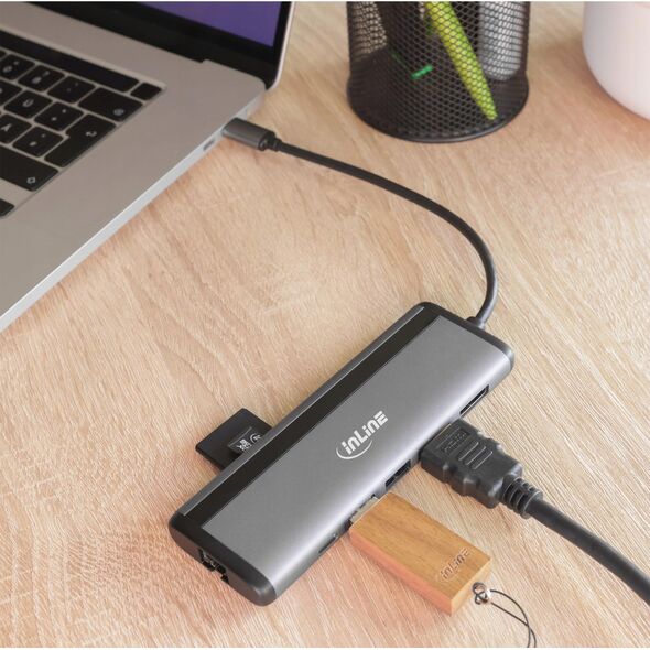 InLine InLine® 8-in-1 USB-C Multihub Dockingstation, HDMI, DisplayPort, USB 3.2, PD 3.0 100W, MST